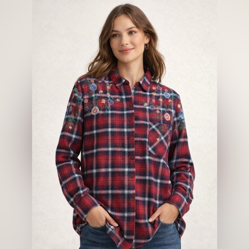 Embroidered Plaid Flannel Shirt – Floral Boho Button Down